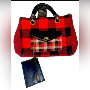 Juicy Couture Red Black Patent Leather Plaid Satchel Purse Bag Crossbody Strap